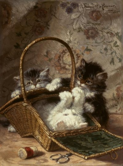 Fiatal macskák varrókosárral alkotó: Henriëtte Ronner Knip