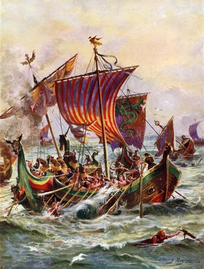 Alfréd király gályái megtámadják a Viking Sárkányhajókat, 897 (színes litó) alkotó: Henry Payne