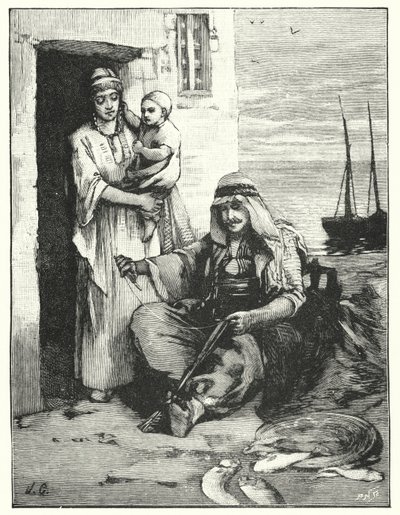 A hálóit javító halász, Tibériai-tenger (litho) alkotó: Henry Andrew Harper