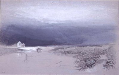 Tájkép folyóval és híddal: Eső jön alkotó: Henry Bright