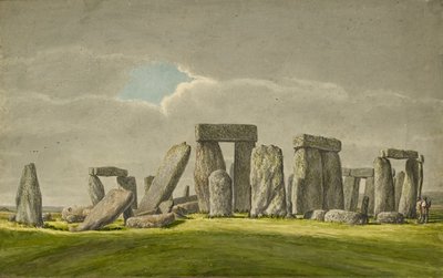 Stonehenge a délkeleti vidékről, romos állapotú kövekkel, 2 látogatóval, 1824-1839 alkotó: Henry Browne