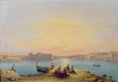 Valletta kikötője naplementekor alkotó: Henry Charles Ferro