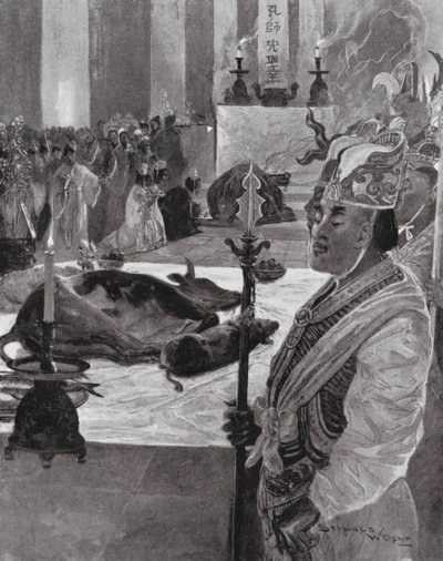 Áldozat egy konfuciánus templomban (litográfia) alkotó: Henry Charles Seppings Wright
