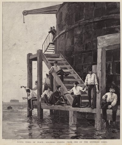 Brit katonák halásznak az egyik Spithead-i erődből, Hampshire (litho) alkotó: Henry Charles Seppings Wright