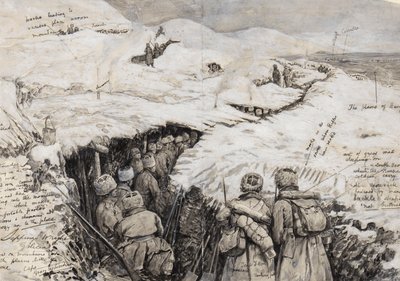 Galícia, orosz csapatok havas dombokon, 1916. március 13. (tinta és gouache papíron) alkotó: Henry Charles Seppings Wright