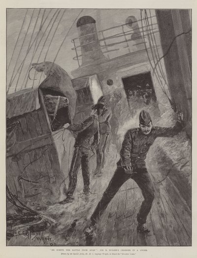 Már messziről megérzi a csatát, Sir R Buller lovasát a viharban. alkotó: Henry Charles Seppings Wright