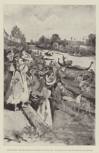 Henley Regatta, a Diamond Sculls utolsó futama (Ten Eyck v Blackstaffe), a Grosvenor Club Enclosure felől nézve alkotó: Henry Charles Seppings Wright