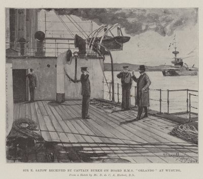Sir E Satow-t Burke kapitány fogadta a HMS Orlando fedélzetén Wusungban alkotó: Henry Charles Seppings Wright