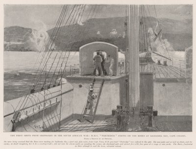 Az első lövések a hajóról a dél-afrikai háborúban, a HMS Partridge lő a búrokra a Saldanha-öbölnél, Cape Colony alkotó: Henry Charles Seppings Wright