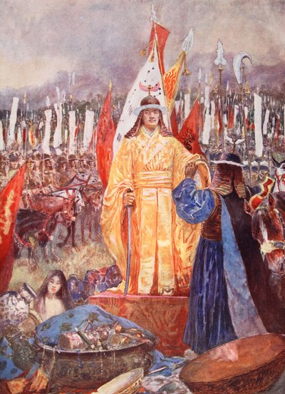 A császárrá kikiáltott nagyvezír a csatatéren, illusztráció a "Hutchinsons History of the Nations" című könyvből, 1920 körül. alkotó: Henry Charles Seppings Wright