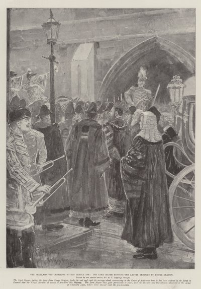 Kikiáltási szertartás a Temple Bar-ban, a Lord Polgármester felolvassa a Rouge Dragon által hozott levelet alkotó: Henry Charles Seppings Wright