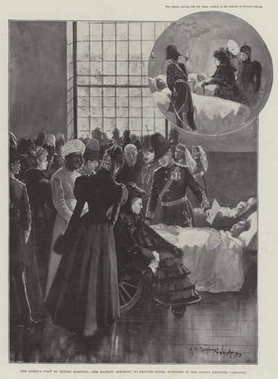 A királynő látogatása a Netley kórházban, őfelsége Lever közlegénynek beszél, megsebesült az indiai határkampányban alkotó: Henry Charles Seppings Wright