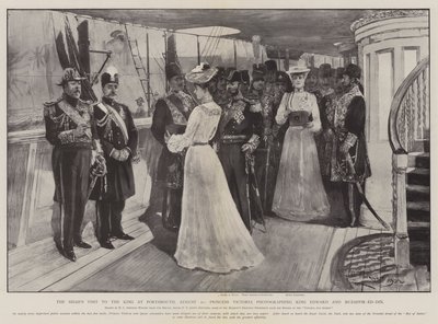 A sahok látogatása a királynál Portsmouthban, augusztus 20., Viktória hercegnő fényképezi Edward királyt és Muzaffir-ed-Dint alkotó: Henry Charles Seppings Wright