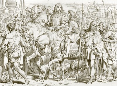 Hereward belép Szent Bertin felszentelt erődjébe (metszet) alkotó: Henry Courtney (after) Selous