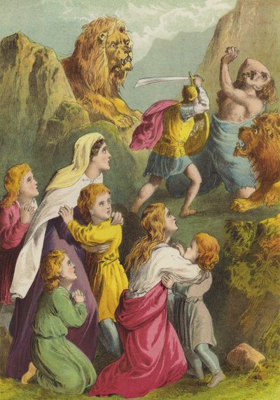 A Greatheart megöli az Óriás Grimet (chromolitho) alkotó: Henry Courtney Selous