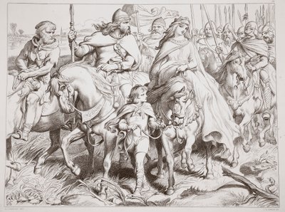 Hereward biztonságba helyezi Alftrudát, illusztráció Charles Kingsley Hereward the Great című művéből, kiad. 1870, metszet: C.G. Lewis (acéllemez-metszet) alkotó: Henry Courtney Selous