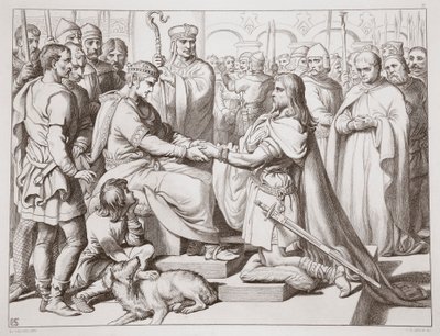 Hogyan jutott be Hereward a királyhoz, illusztráció Charles Kingsley Hereward the Great című művéből, kiad. 1870, metszet: C.G. Lewis (acéllemez-metszet) alkotó: Henry Courtney Selous