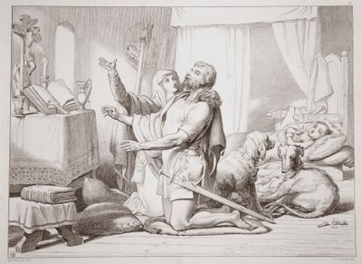 Hogyan tanítja Torfrida Herewardot imádkozni, illusztráció Charles Kingsley Hereward the Great című művéből. 1870, metszet: C.G. Lewis (acéllemez-metszet) alkotó: Henry Courtney Selous