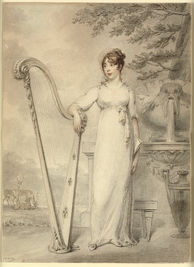 "Miss V. Dupuis" teljes alakos portréja, aki karját egy hárfán pihenteti. A háttérben egy szökőkút és egy táj szarvasokkal alkotó: Henry Edridge