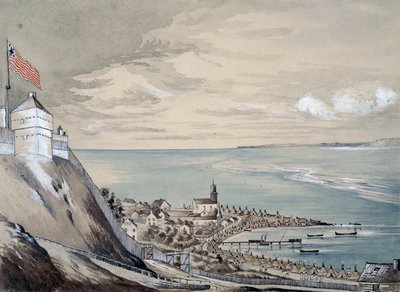 Mackinaw erődje és faluja, az indián táborral, 1842. szeptember (wc papíron) alkotó: Henry Francis Ainslie