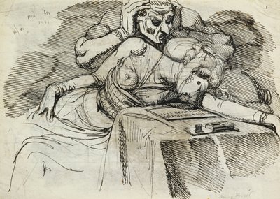 Egy íróasztalnál ájult nő, mögötte egy fenyegető alak alkotó: Johann Heinrich Füssli
