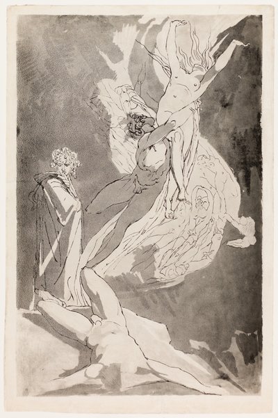 Dante elájul Paolo és Francesca szárnyaló lelkei előtt, Virgil az oldalán alkotó: Johann Heinrich Füssli