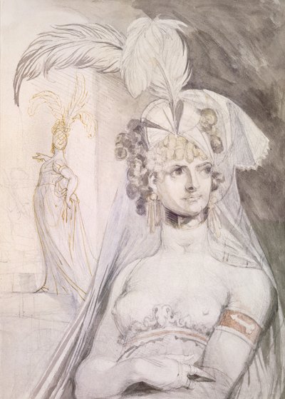 Egy udvarhölgy félfigurája tollal, masnival és fátyollal a hajában, 1800-10 (ceruza, wc és tinta papíron) alkotó: Johann Heinrich Füssli