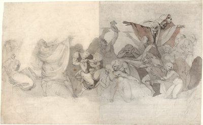 A halál diadala: Három csontváz behatol egy bakkánba, varázsló vagy gonosz démon által hangszerelt alkotó: Johann Heinrich Füssli
