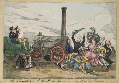 The Pleasures of the Rail Road – Caught in the Railway!, 1840 körül (kézzel színezett rézkarc) alkotó: Henry Heath