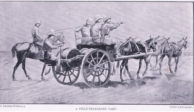 Egy terepi távírókocsi az After Pretoria: The Guerilla War című könyvből, amelyet a Harmsworth Bros Limited adott ki, 1901 alkotó: Henry Inglis Jodrel Sheldon Williams