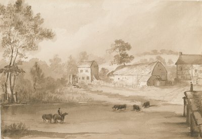 Trysull Mill: szépia mosás rajz alkotó: Henry James Noyes