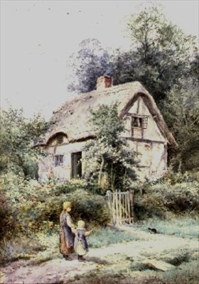 Két lány és egy cica egy nádfedeles kunyhóban alkotó: Henry John Sylvester Stannard