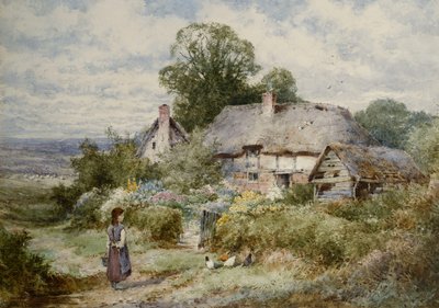 Fiatal lány csirkét etet egy kunyhó előtt alkotó: Henry John Sylvester Stannard