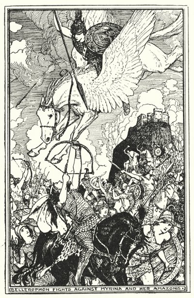 Bellerophon harcol Myrina és amazonjai ellen (litho) alkotó: Henry Justice Ford