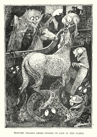 Blanche szellemtörténeteket mesél Jane-nek az istállóban (metszet) alkotó: Henry Justice Ford