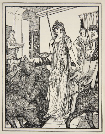 Circe elküldi a sertést (Ulysses társai) Styes-be, előlapja Andrew Lang „A görög tenger meséi” című művéből, 1926 (tintával papíron) alkotó: Henry Justice Ford