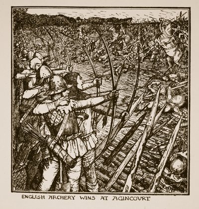 Angol íjászat nyer Agincourtban, illusztrációja C.R.L. „Anglia története” című művéből. Fletcher és Rudyard Kipling, 1911 alkotó: Henry Justice Ford
