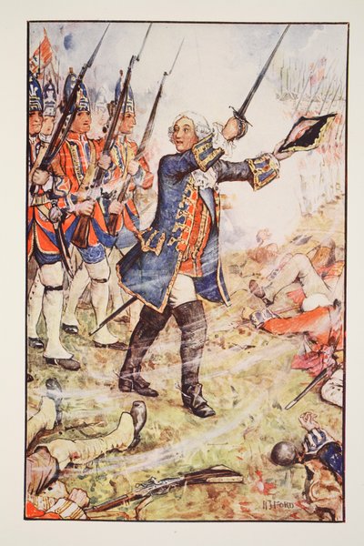 II. György Dettingenben, 1743, illusztráció az „Anglia története” című művéből, C.R.L. Fletcher és Rudyard Kipling, 1911 alkotó: Henry Justice Ford