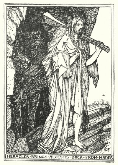 Héraklész visszahozza Alkesztiszt Hádészből (litho) alkotó: Henry Justice Ford