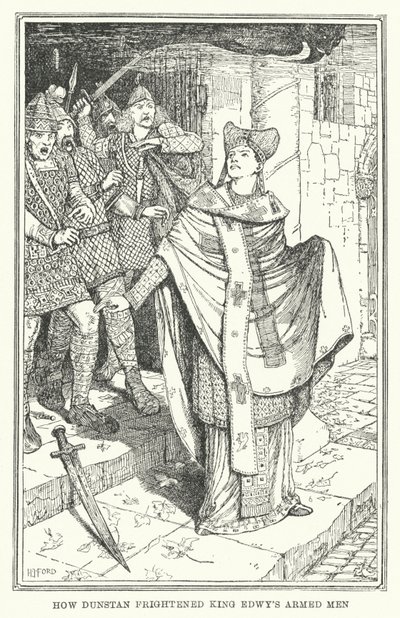 Hogyan ijesztette meg Dunstan Edwy király fegyvereseit (litho) alkotó: Henry Justice Ford