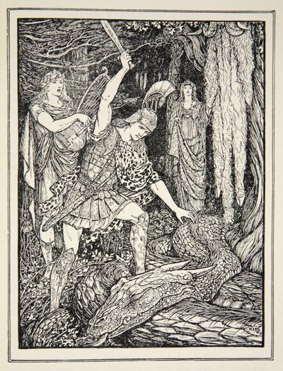 Hogyan ölték meg az aranygyapjút őrző kígyót, Andrew Lang „A görög tenger meséi” című művéből, 1926 (tintával papíron) alkotó: Henry Justice Ford