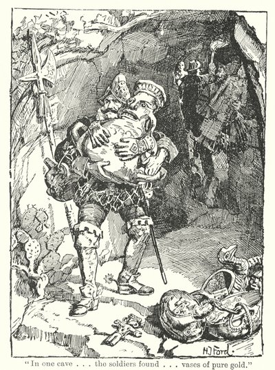"Egy barlangban. A katonák találtak. Tiszta aranyból készült vázákat" (litho) alkotó: Henry Justice Ford