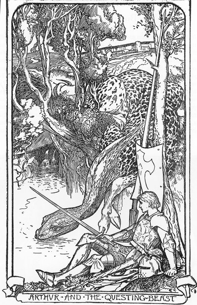 Arthur király és a Kutató vadállat HJ Ford (1860-1940) illusztrációja a „A romantika könyvéből” 1902 Magángyűjtemény alkotó: Henry Justice Ford