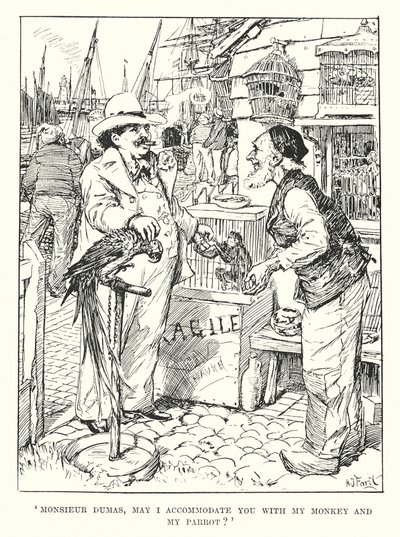 "Monsieur Dumas, fogadhatom önt a majmommal és a papagájommal" (metszet) alkotó: Henry Justice Ford