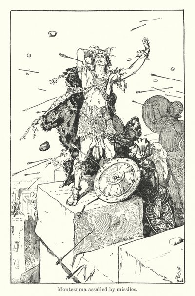 Montezuma rakétákkal támadva (metszet) alkotó: Henry Justice Ford