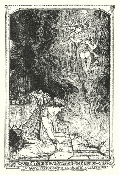 Althea királynő az égő farönköt nézi, miközben Meleager odakint haldoklik (litho) alkotó: Henry Justice Ford