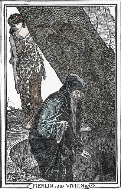 Merlin, a varázsló és Fee Viviane (Merlin anc Vivien) ábrázolása Henry Justice (HJ) Ford (1860-1941) illusztrációja a „The book of romance” című 1902-es gyűjteményi díjból alkotó: Henry Justice Ford