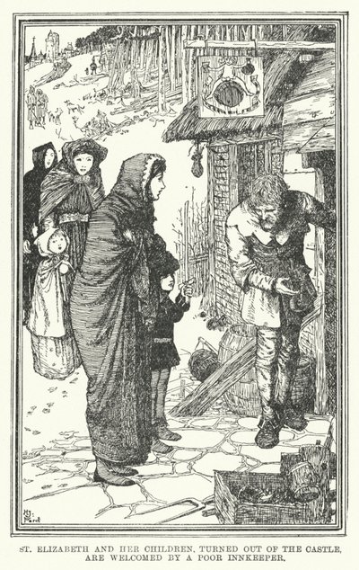 A kastélyból kifordított Szent Erzsébetet és gyermekeit egy szegény fogadós (litho) fogadja alkotó: Henry Justice Ford