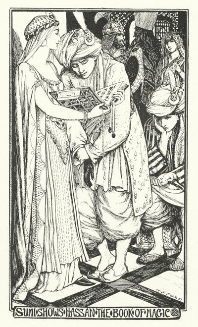 Sumi megmutatja Hassannak a mágia könyvét (metszet) alkotó: Henry Justice Ford