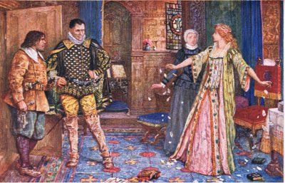 Leicester grófnője Varney és Foster jelenlétében feltépi férje levelét, illusztráció: Kenilworth, 1910 körül alkotó: Henry Justice Ford